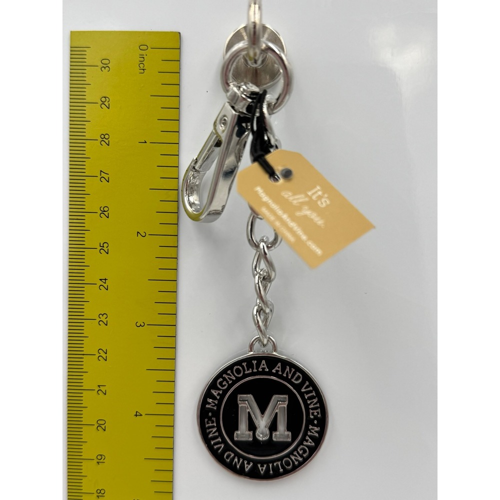 Magnolia and Vine Silver Black Enamel Initial M Monogram Keychain Lobster Clasp